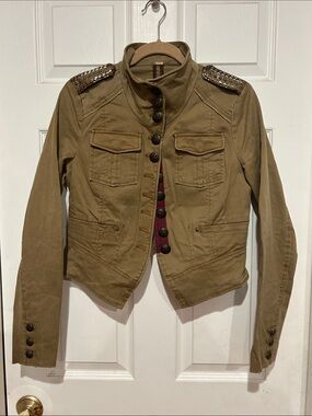 Free People Olive Green Military-Inspired Studded Epaulet Jacket